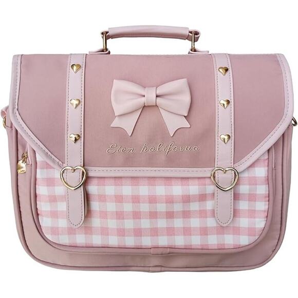 Pink Gingham Bow Satchel Backpack with Heart Accents – Kawaii Style - Picture 5 of 5